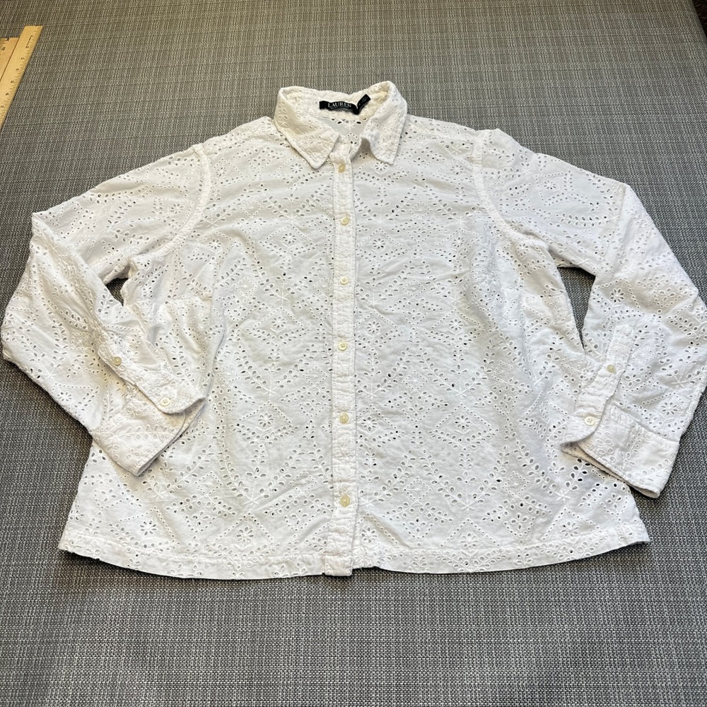Ralph Lauren LRL Shirt Blouse 1X White Eyelet Cotton Cottagecore‎ Boho